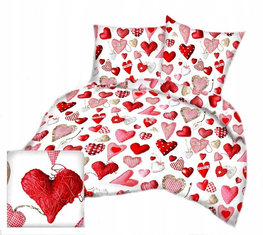 pościel bawełna deLUX 220x240 + 2 poszewki B 383 walentynkowy czar biały