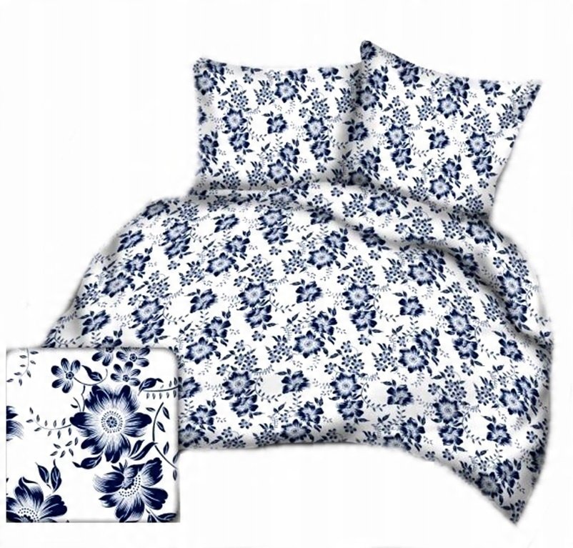 pościel bawełna lux 200x220 + 2 poszewka B 343-3 kwiaty niebiekie na białym