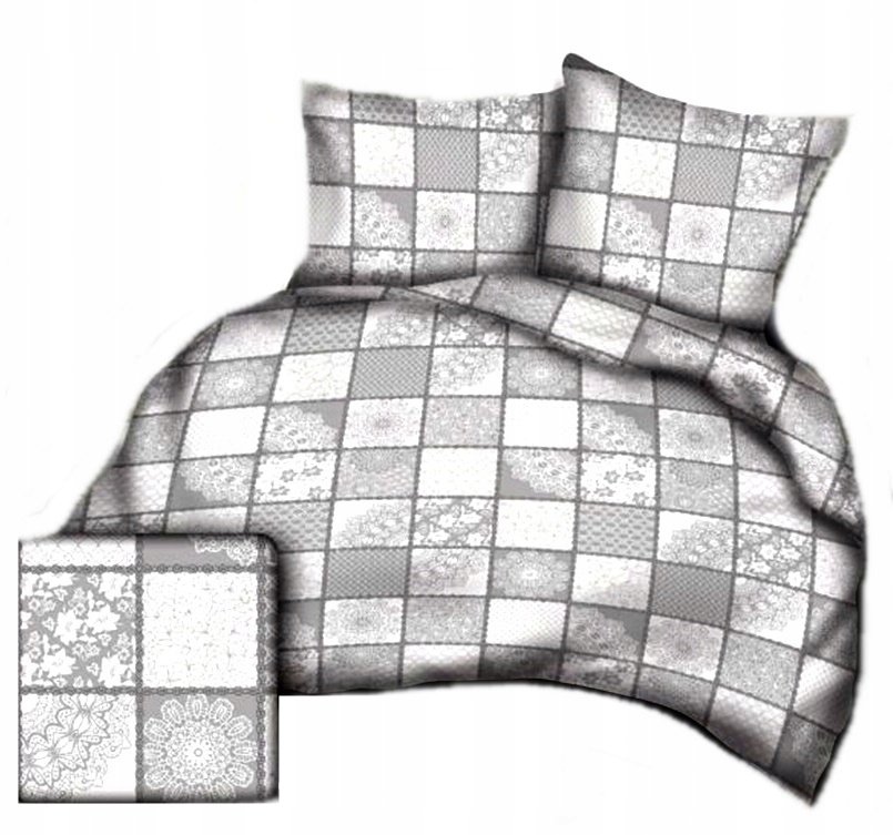 pościel bawełna lux 160x220 + 2 poszewka B 243-1 patchwork szary koronka