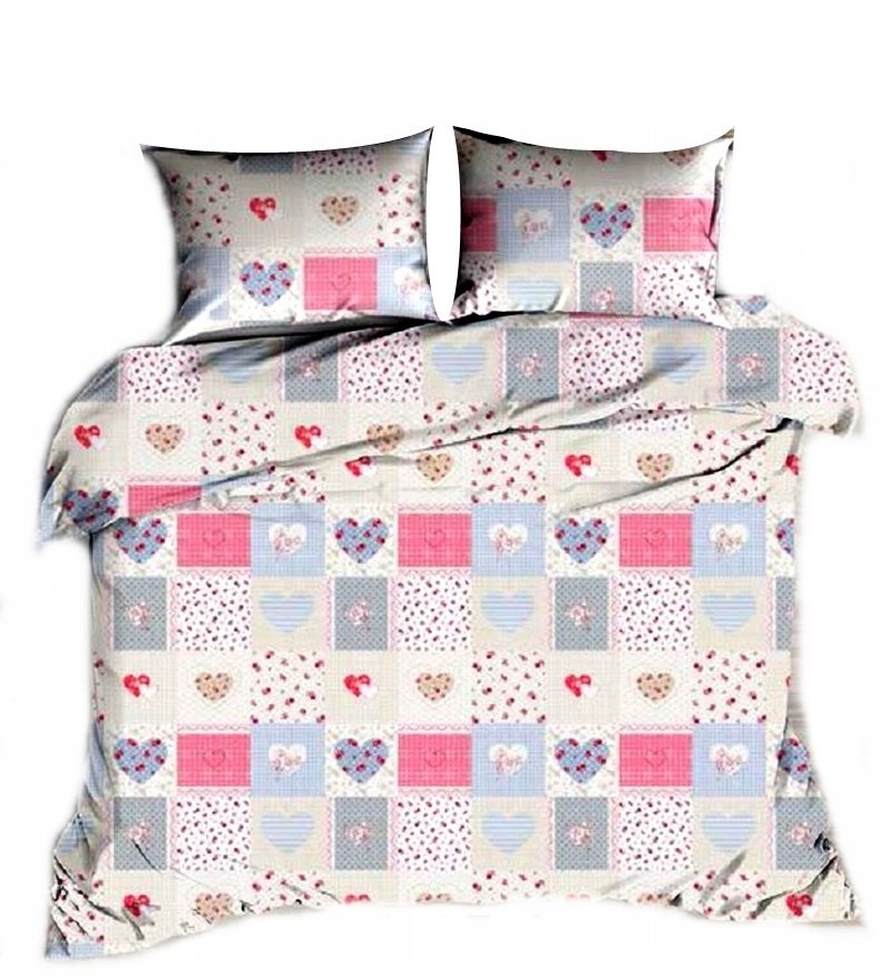 pościel z bawełny płaskiej 160x220 + 2 poszewki B 85-1 patchwork serce róż