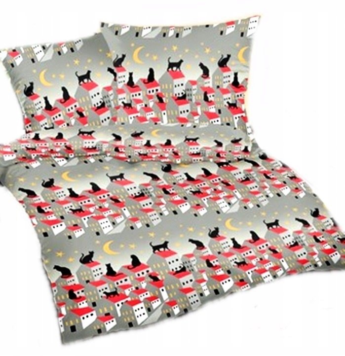 pościel z flaneli 200x220 + 2x poszewka F 104 czarny kot na dachu
