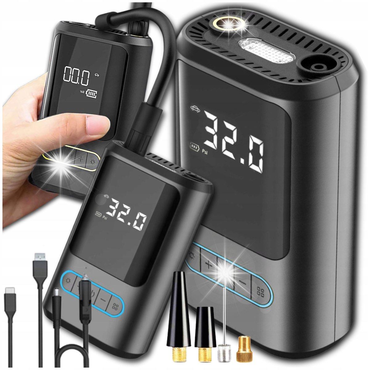 KOMPRESOR AKUMULATOROWY SAMOCHODOWY BEZPRZEWODOWY pompka + POWERBANK LED