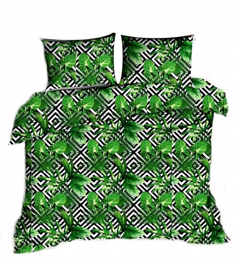 pościel z bawełny płaskiej 200x200 + 2 poszewki B 79-2 liście palmy kratka