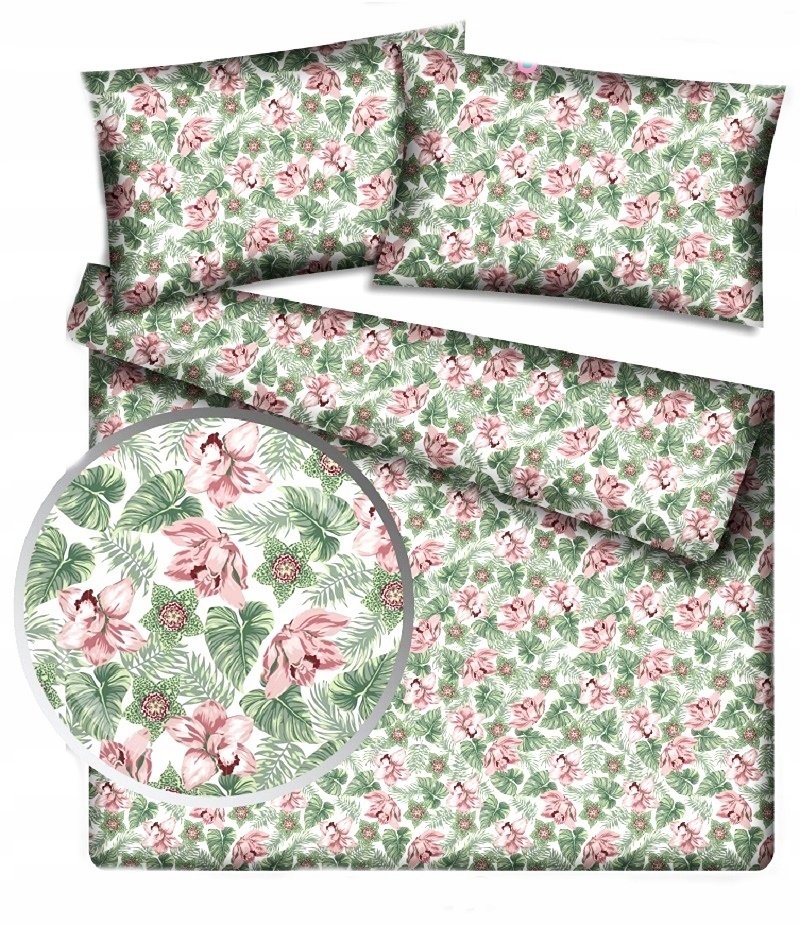 pościel bawełna deLUX 200x220 + 2 poszewki B 313 peonia w liściach palmy