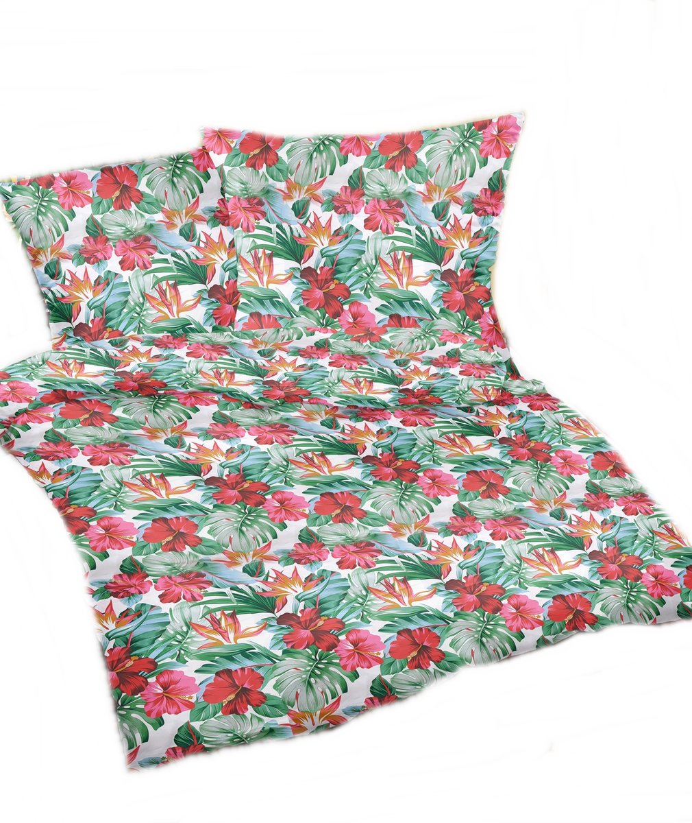 pościel bawełna deLUX 220x240 + 2 poszewki B 379-1 hibiskusy duże w palmie