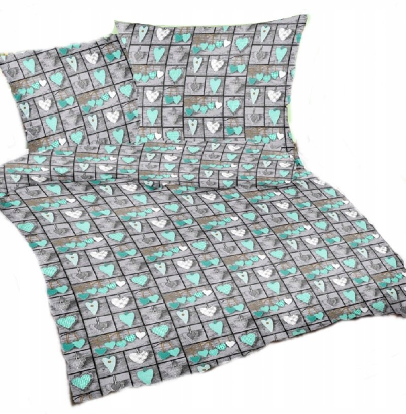 pościel z flaneli 200x200 + 2x poszewka F 73-3 serca zawieszki mięta