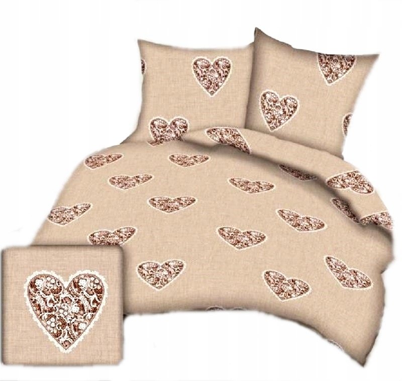 pościel bawełna lux 140x200 + 1 poszewka B 277-3 koronkowe serce brązowe