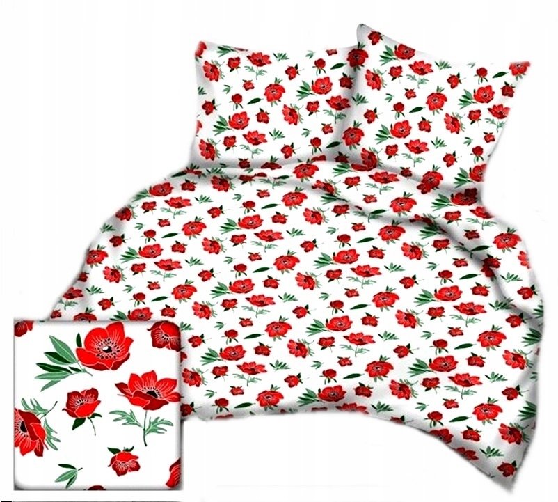 pościel bawełna lux 180x200 + 2 poszewka B 308 urocze maki czerwone na biał