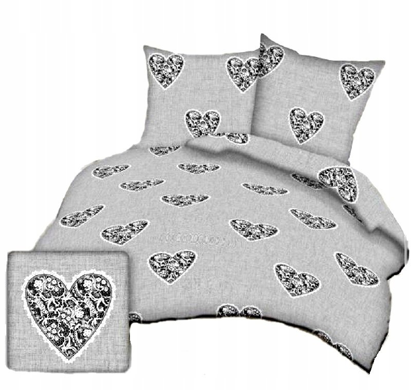 pościel kora lux 160x220 + 2 poszewki K 279 koronkowe serca szare