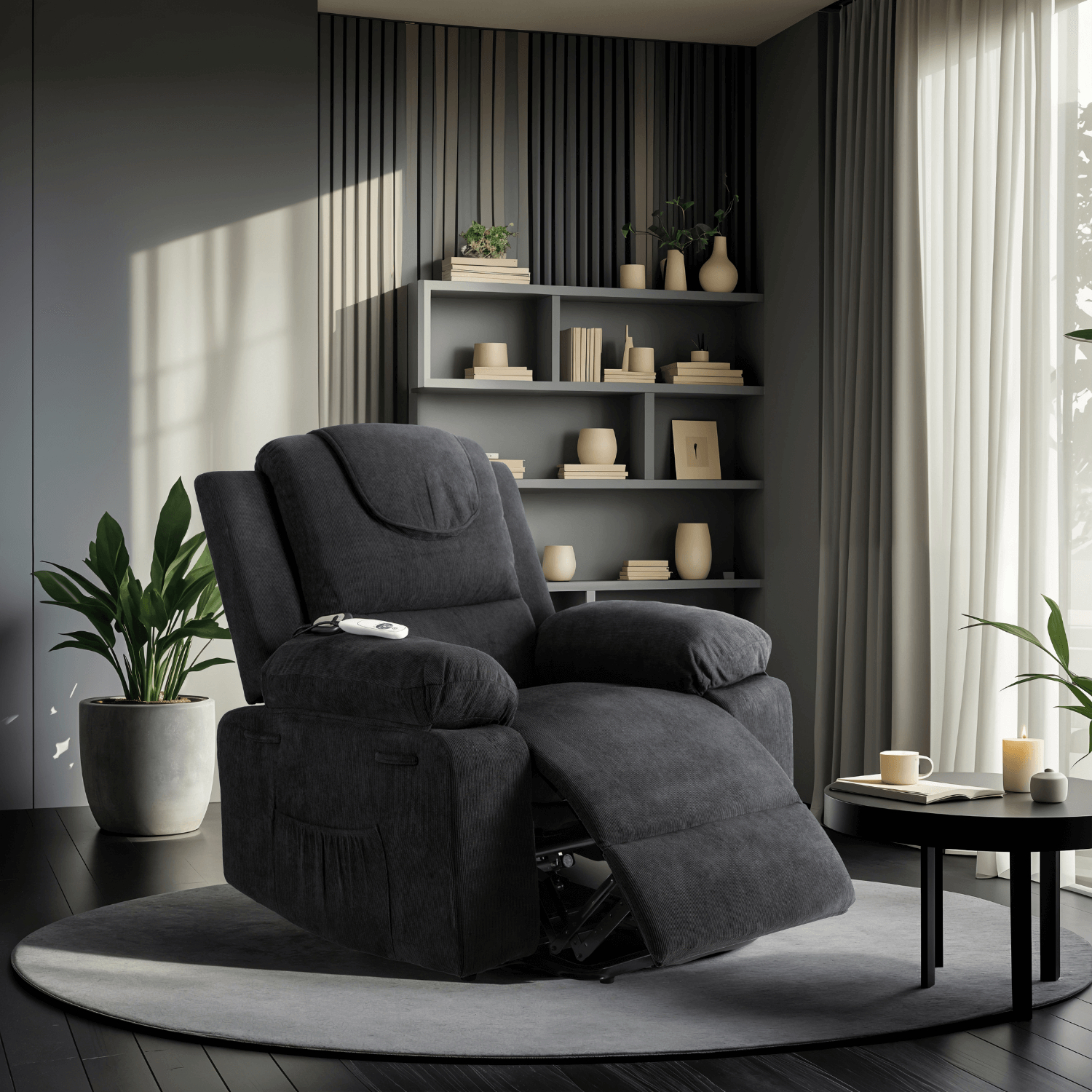 Fotel Masujący FENIX z Funkcją Wstawania Elektrycznie Rozkładany Czarny Nowoczesny