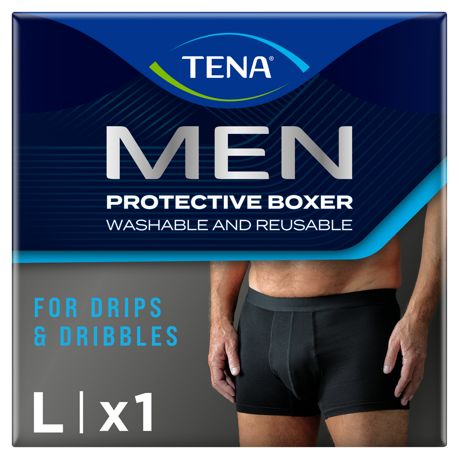 Tena Men Protective Boxer, wielorazowe bokserki na lekkie nietrzymanie moczu, czarne, rozmiar L, 1 sztuka