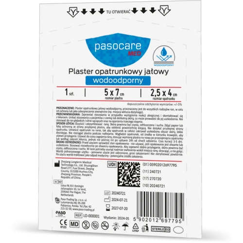 Pasocare Med Plaster opatrunkowy jałowy wodoodporny 5 x 7 cm, 1 sztuka