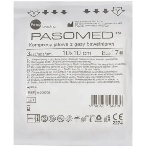 Pasomed Kompresy jałowe z gazy bawełnianej 17-nitkowe 8-warstwowe 10 cm x 10 cm, 3 sztuki