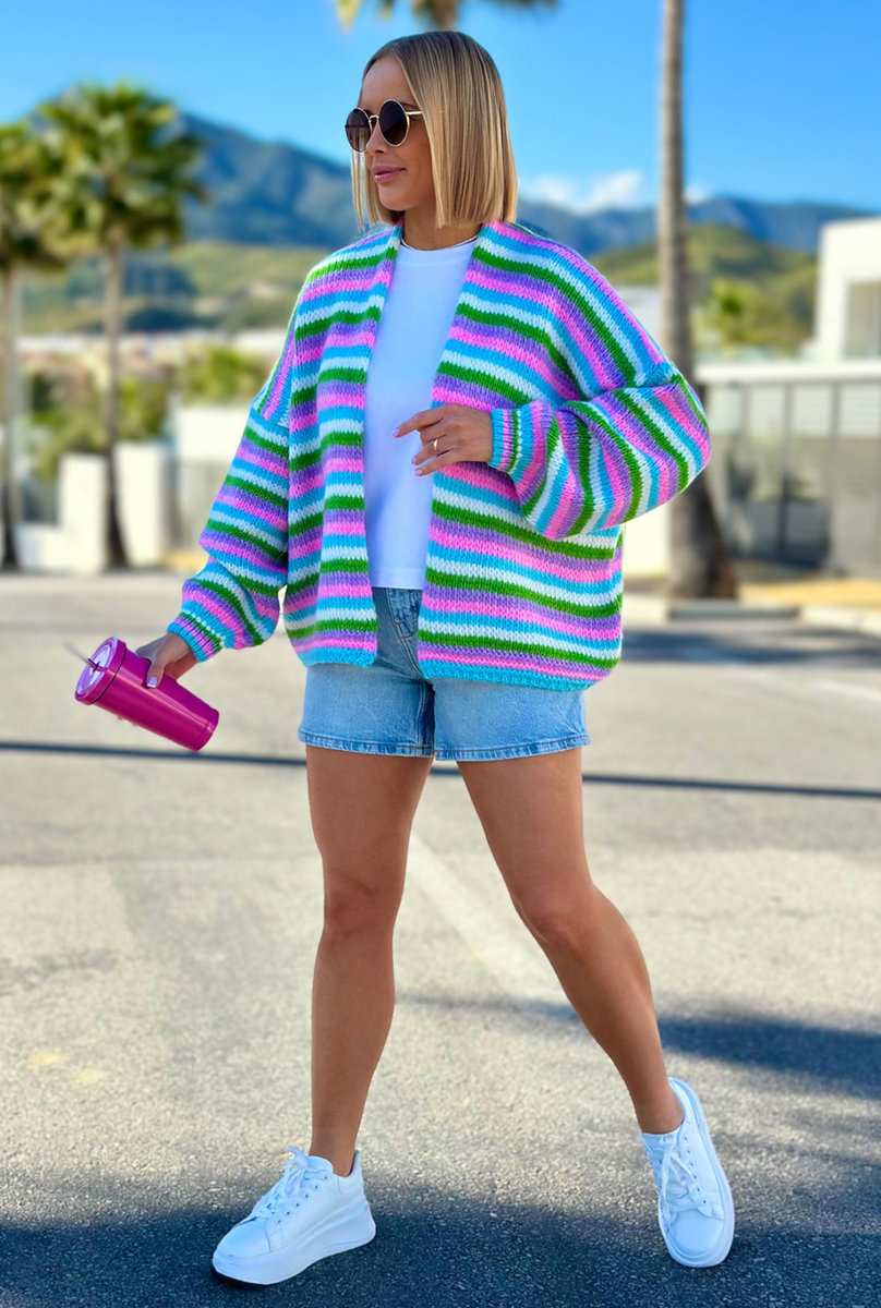 Krótki, lekki kardigan oversize w paski - niebo/baby róż One size
