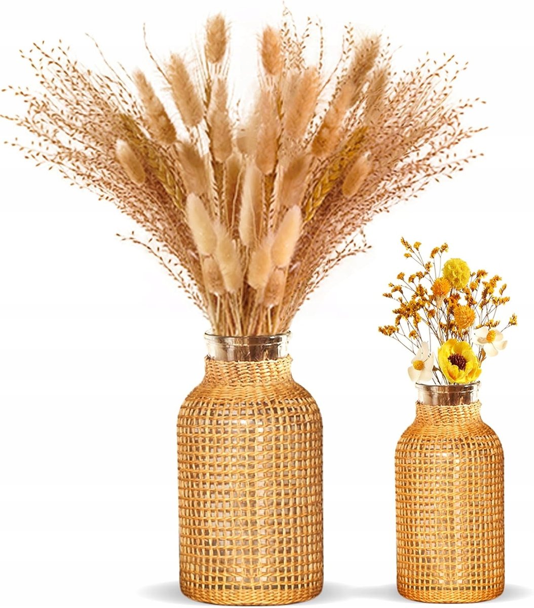 WAZON SZKLANY pleciony rattanowy ZESTAW 2 szt butelka boho rustykalny