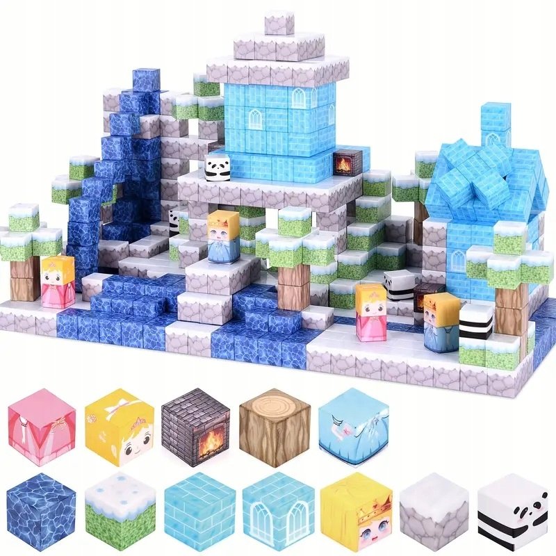 KLOCKI MAGNETYCZNE 3D ZIMOWE KRÓLESTWO BUDYNKI MOTYW ZIMY 100 SZTUKI