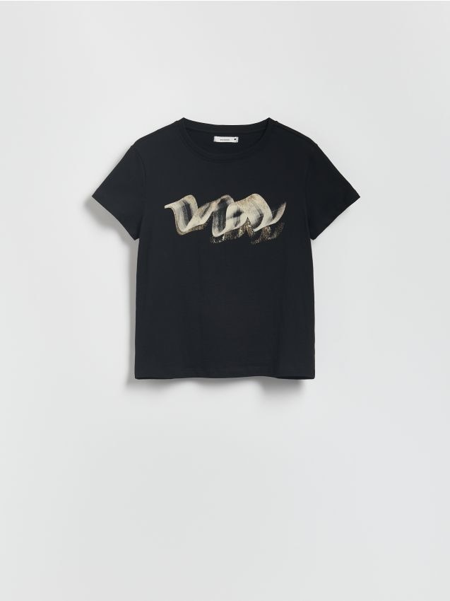 Reserved - T-shirt z połyskującym nadrukiem - czarny
