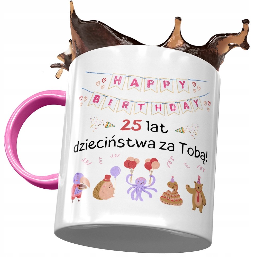 Kubek Różowy na Urodziny 25 25te 25-te Prezent z Nadrukiem ze Zdjęciem + Opakowanie na prezent (wzór 04)
