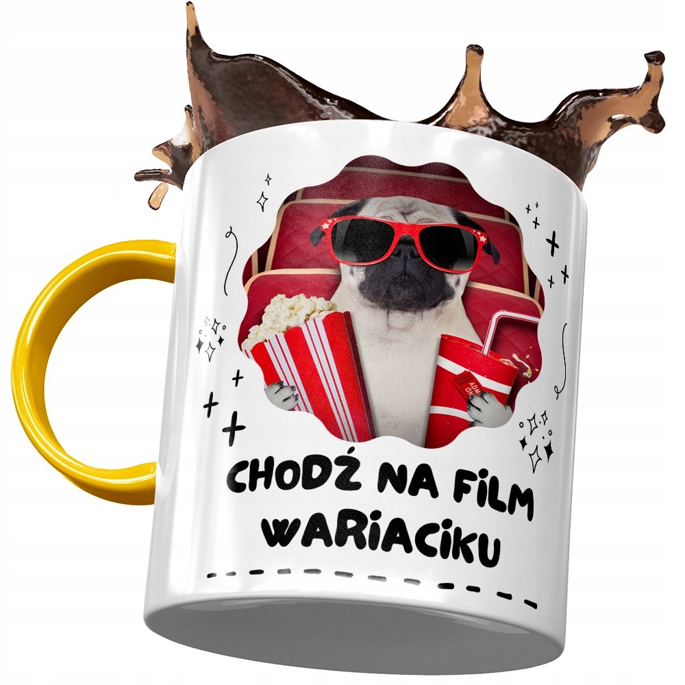Kubek Żółty Śmieszny Chodź Na Film Wariaciku z Nadrukiem ze Zdjęciem + Opakowanie na prezent (wzór 04)
