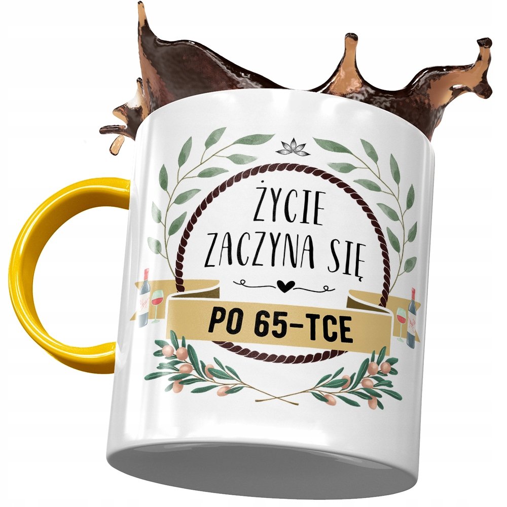 Kubek Żółty na Urodziny 65 65te 65-te na Prezent z Nadrukiem ze Zdjęciem + Opakowanie na prezent (wzór 02)