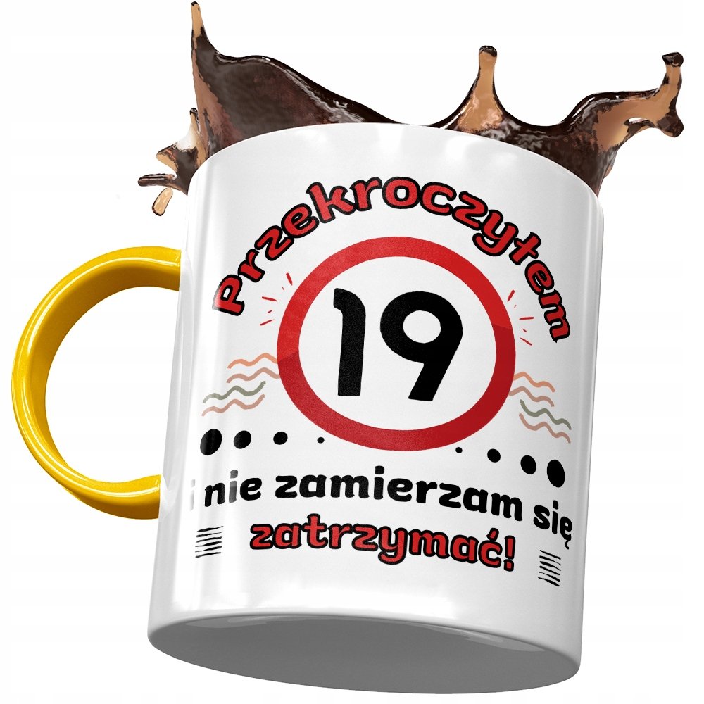 Kubek Żółty na Urodziny 19 19ste 19-ste na Prezent z Nadrukiem ze Zdjęciem+ Opakowanie na prezent (wzór 01)