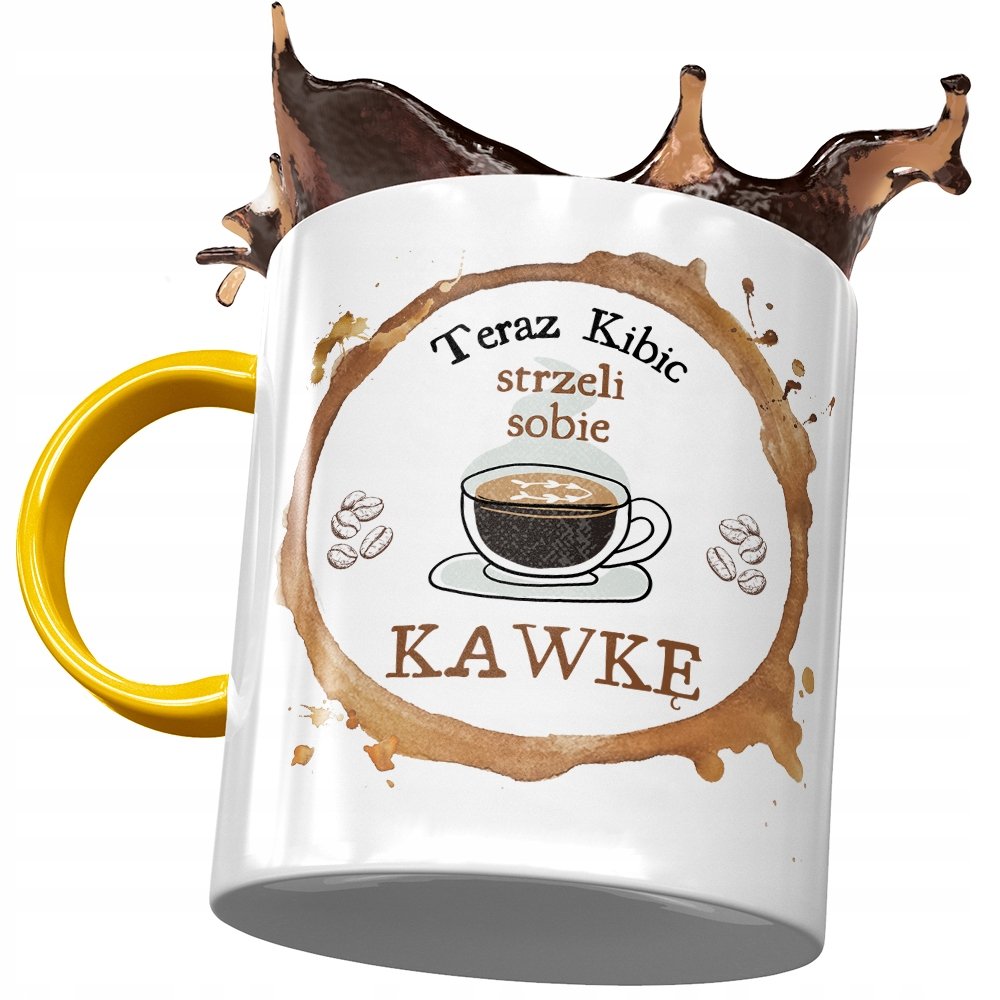 Kubek Żółty Dla Kibica Kibic Strzeli Sobie Kawkę z Nadrukiem ze Zdjęciem + Opakowanie na prezent (wzór 02)