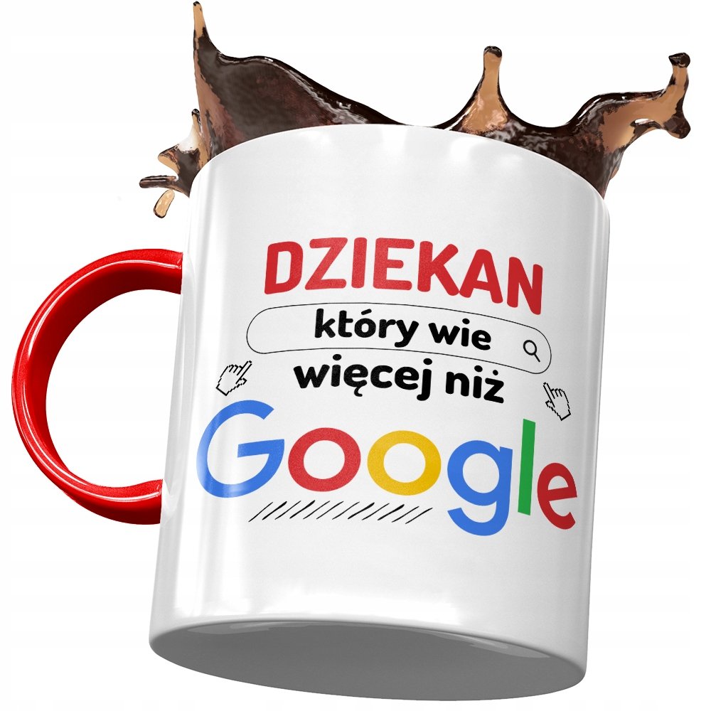 Kubek Czerwony Dla Dziekana Wie Więcej Niż Google z Nadrukiem ze Zdjęciem + Opakowanie na prezent (wzór 02)
