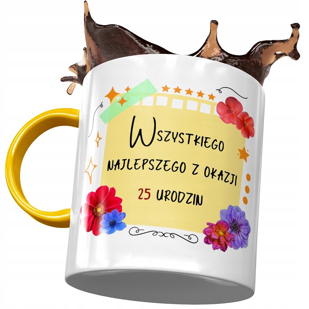 Kubek Żółty na Urodziny 25 25te 25-te na Prezent z Nadrukiem ze Zdjęciem + Opakowanie na prezent (wzór 02)