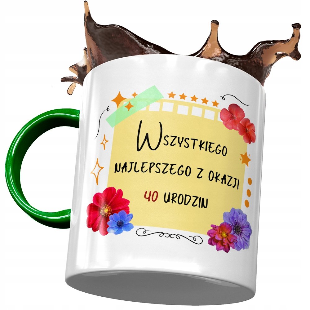 Kubek Zielony na Urodziny 40 40ste 40-ste Prezent z Nadrukiem ze Zdjęciem + Opakowanie na prezent (wzór 02)