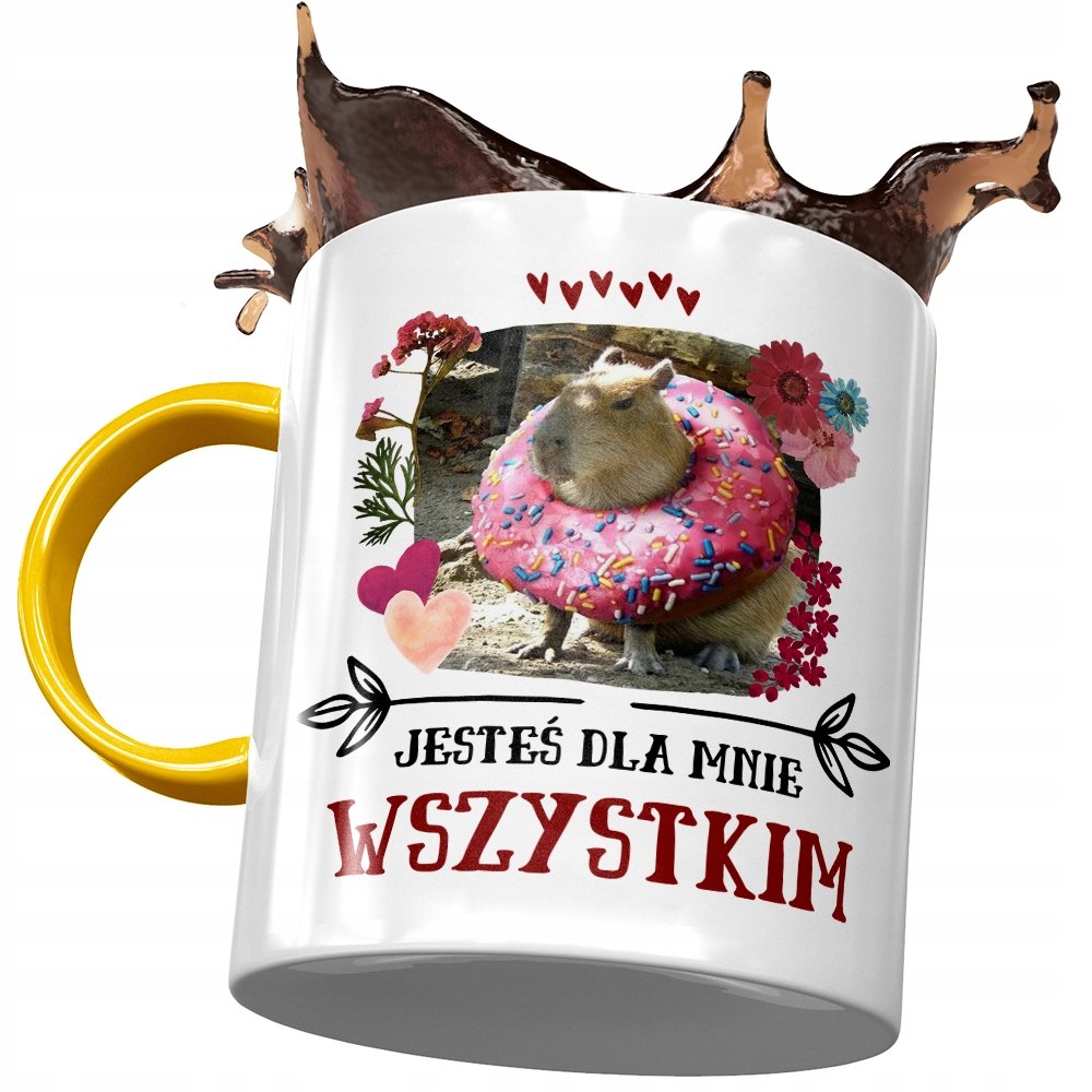 Kubek Żółty Kapibara na Urodziny Imieniny Prezent z Nadrukiem ze Zdjęciem + Opakowanie na prezent (wzór 02)