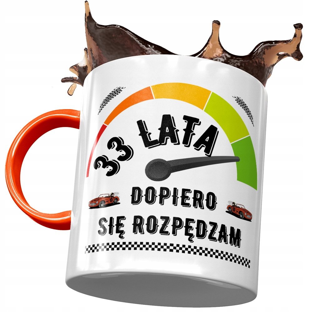 Kubek Pomarańczowy na Urodziny 33 33cie 33-cie z Nadrukiem ze Zdjęciem + Opakowanie na prezent (wzór 04)