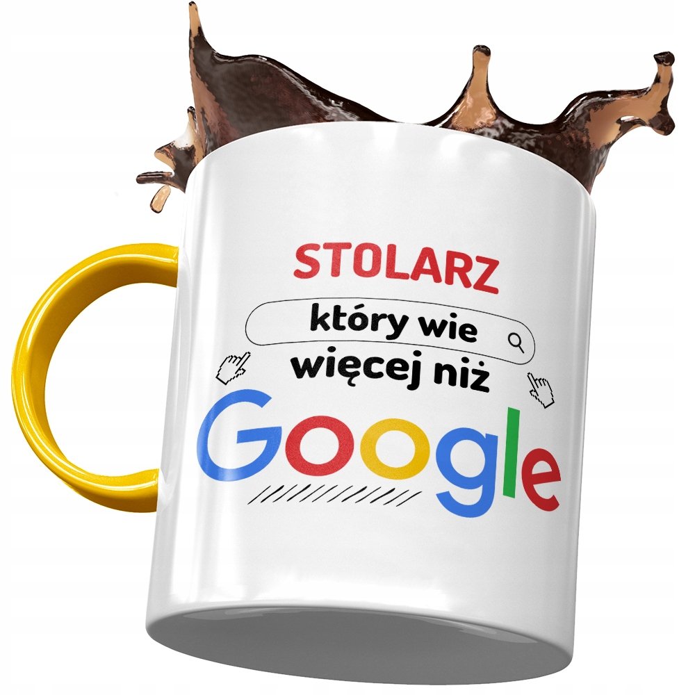 Kubek Żółty Dla Stolarza Wie Więcej Niż Google z Nadrukiem ze Zdjęciem + Opakowanie na prezent (wzór 04)