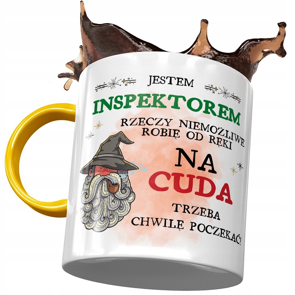 Kubek Żółty Dla Inspektora Na Cuda Trzeba Chwilę z Nadrukiem ze Zdjęciem + Opakowanie na prezent (wzór 03)