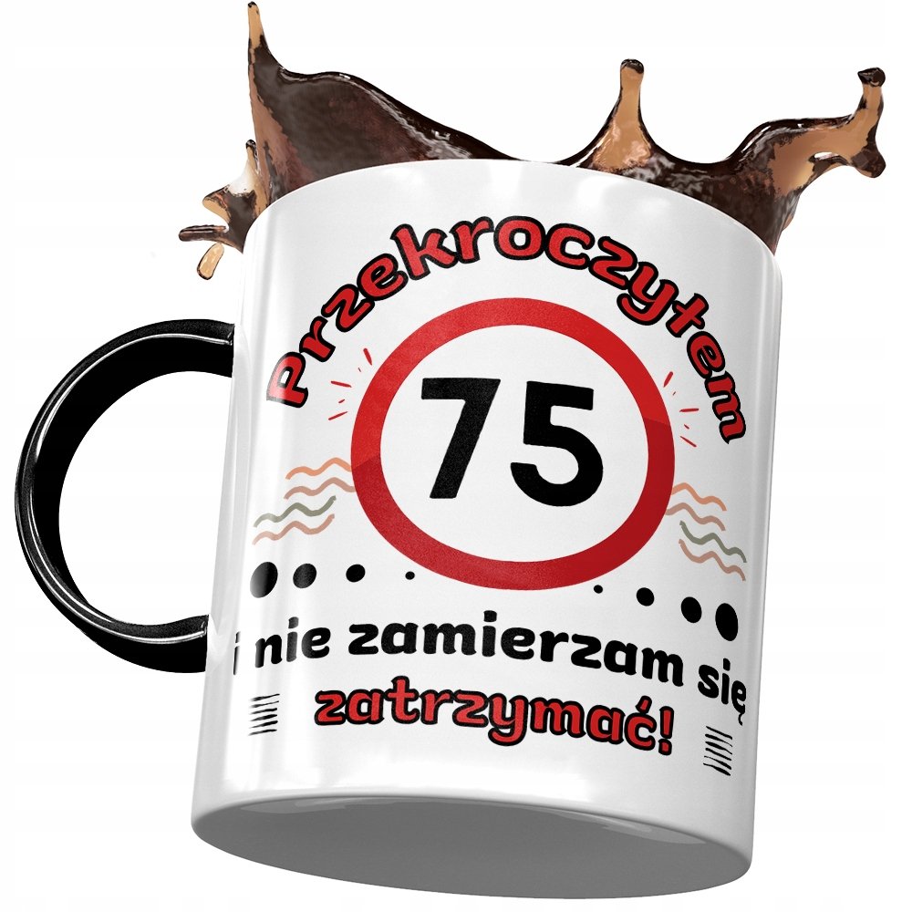 Kubek Czarny na Urodziny 75 75te 75-te Prezent z Nadrukiem ze Zdjęciem + Opakowanie na prezent (wzór 02)