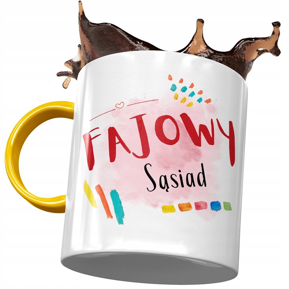 Kubek Żółty Dla Sąsiada Fajowy Sąsiad! Kubek z Nadrukiem ze Zdjęciem + Opakowanie na prezent (wzór 03)