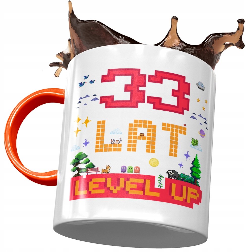 Kubek Pomarańczowy na Urodziny 33 33cie 33-cie z Nadrukiem ze Zdjęciem + Opakowanie na prezent (wzór 02)