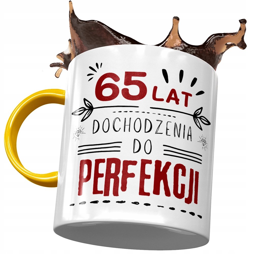 Kubek Żółty na Urodziny 65 65te 65-te na Prezent z Nadrukiem ze Zdjęciem + Opakowanie na prezent (wzór 04)