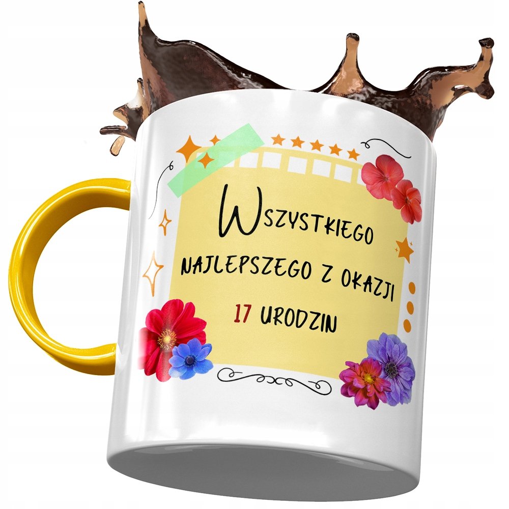 Kubek Żółty na Urodziny 17 17ste 17-ste na Prezent z Nadrukiem ze Zdjęciem + Opakowanie na prezent (wzór 04)