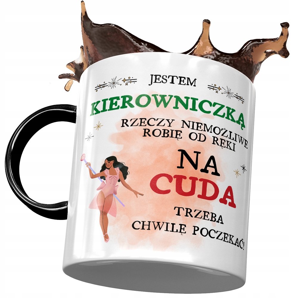 Kubek Czarny Kierowniczki na Cuda Trzeba Poczekać z Nadrukiem ze Zdjęciem+ Opakowanie na prezent (wzór 01)