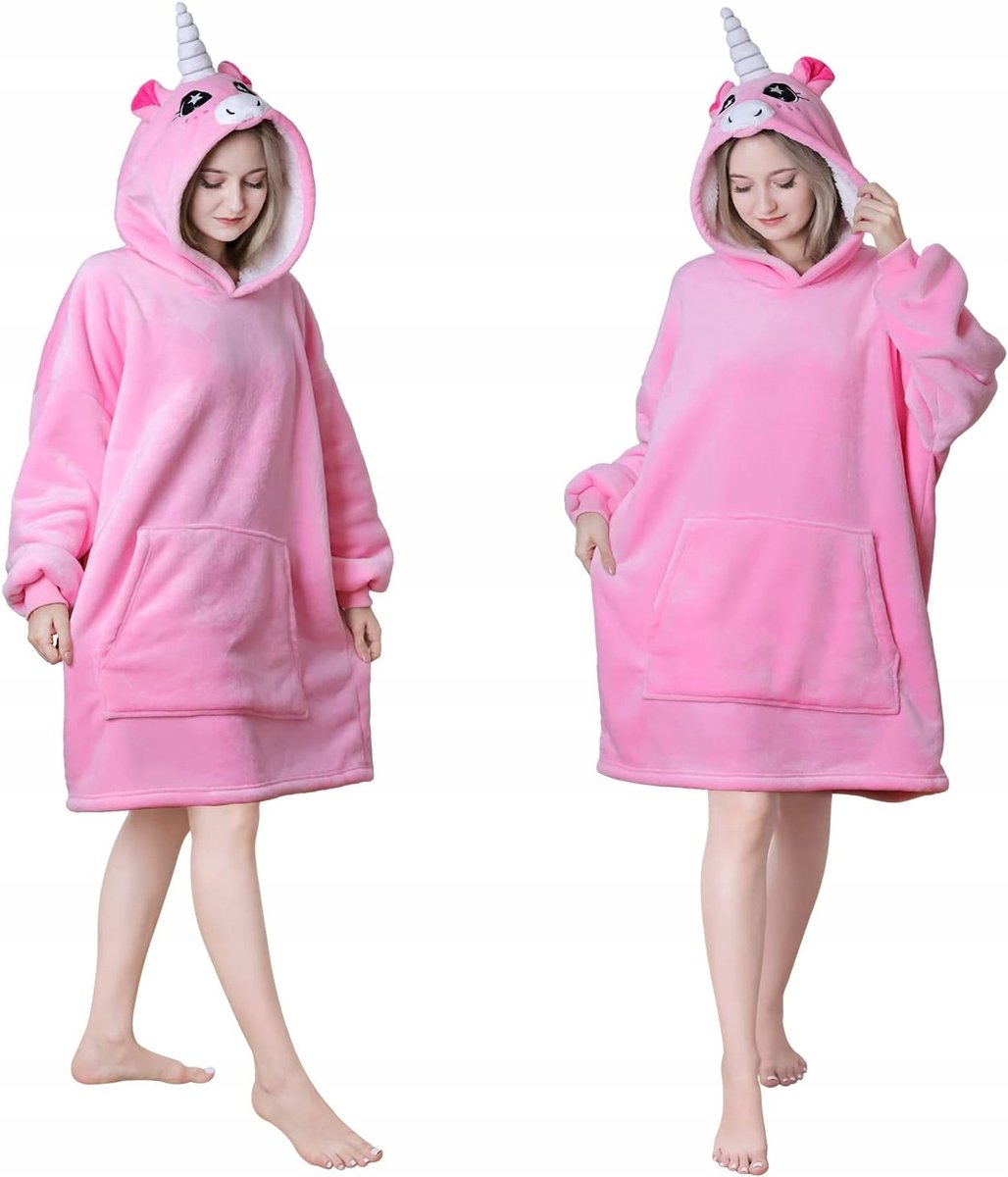 BLUZA KOC KOCOBLUZA Z KAPTUREM JEDNOROŻEC FLANELA POLAR RÓŻOWY CIEPŁA