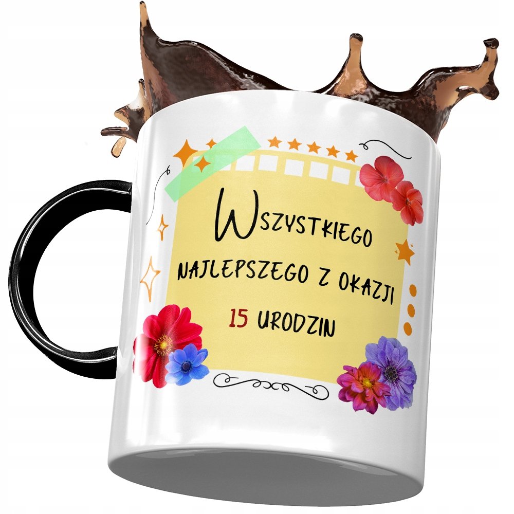 Kubek Czarny na Urodziny 15 15ste 15-ste Prezent z Nadrukiem ze Zdjęciem + Opakowanie na prezent (wzór 02)