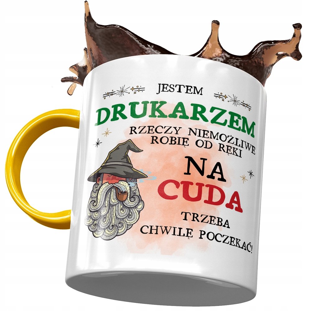 Kubek Żółty Dla Drukarza na Cuda Trzeba Poczekać z Nadrukiem ze Zdjęciem + Opakowanie na prezent (wzór 02)