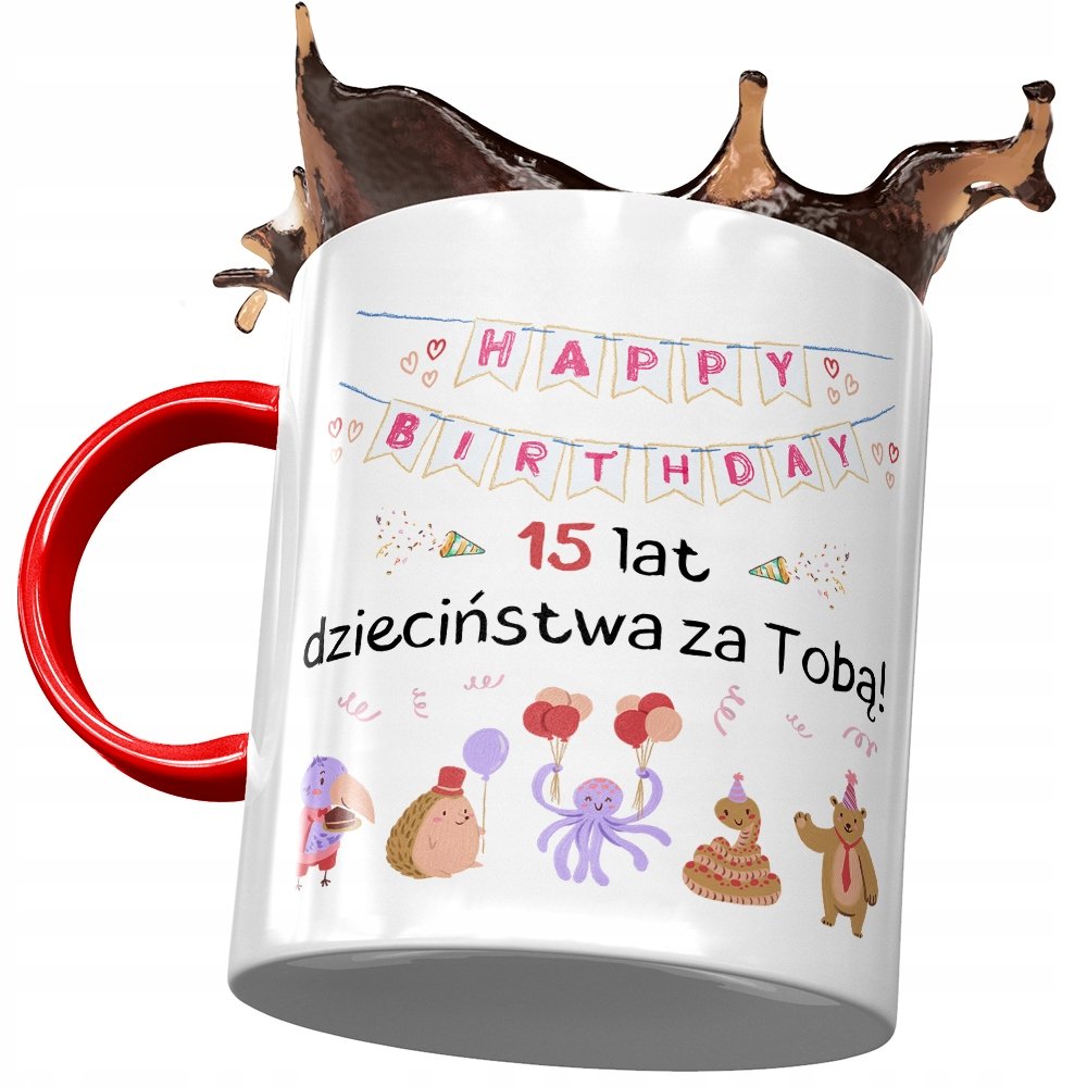 Kubek Czerwony na Urodziny 15 15ste 15-ste Prezent z Nadrukiem ze Zdjęciem + Opakowanie na prezent (wzór 03)