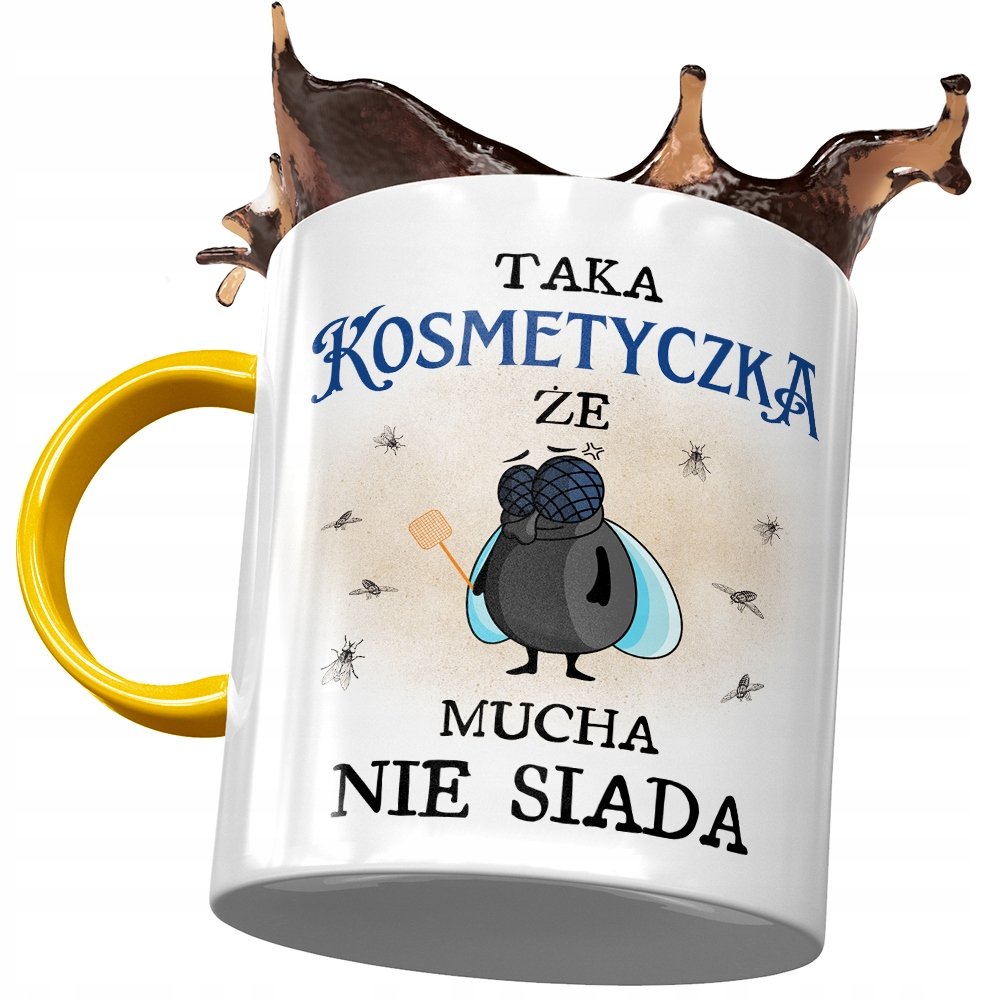 Kubek Żółty Dla Kosmetyczki że Mucha Nie Siada z Nadrukiem ze Zdjęciem + Opakowanie na prezent (wzór 02)