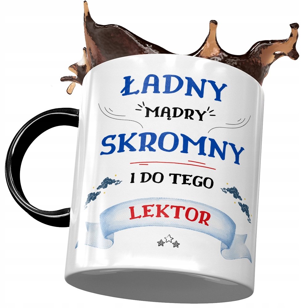 Kubek Czarny Dla Lektora Piękny Mądry Skromny z Nadrukiem ze Zdjęciem + Opakowanie na prezent (wzór 02)