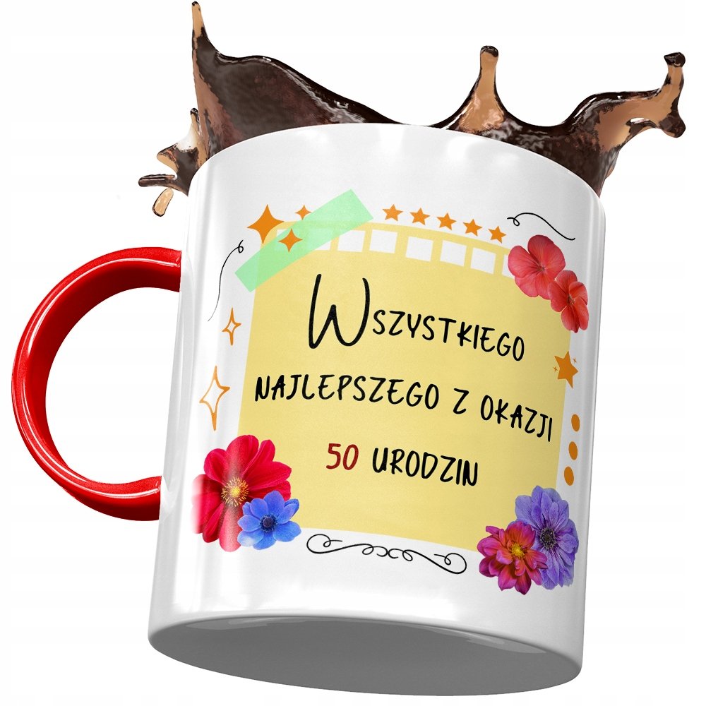 Kubek Czerwony na Urodziny 50 50te 50-te Prezent z Nadrukiem ze Zdjęciem + Opakowanie na prezent (wzór 03)