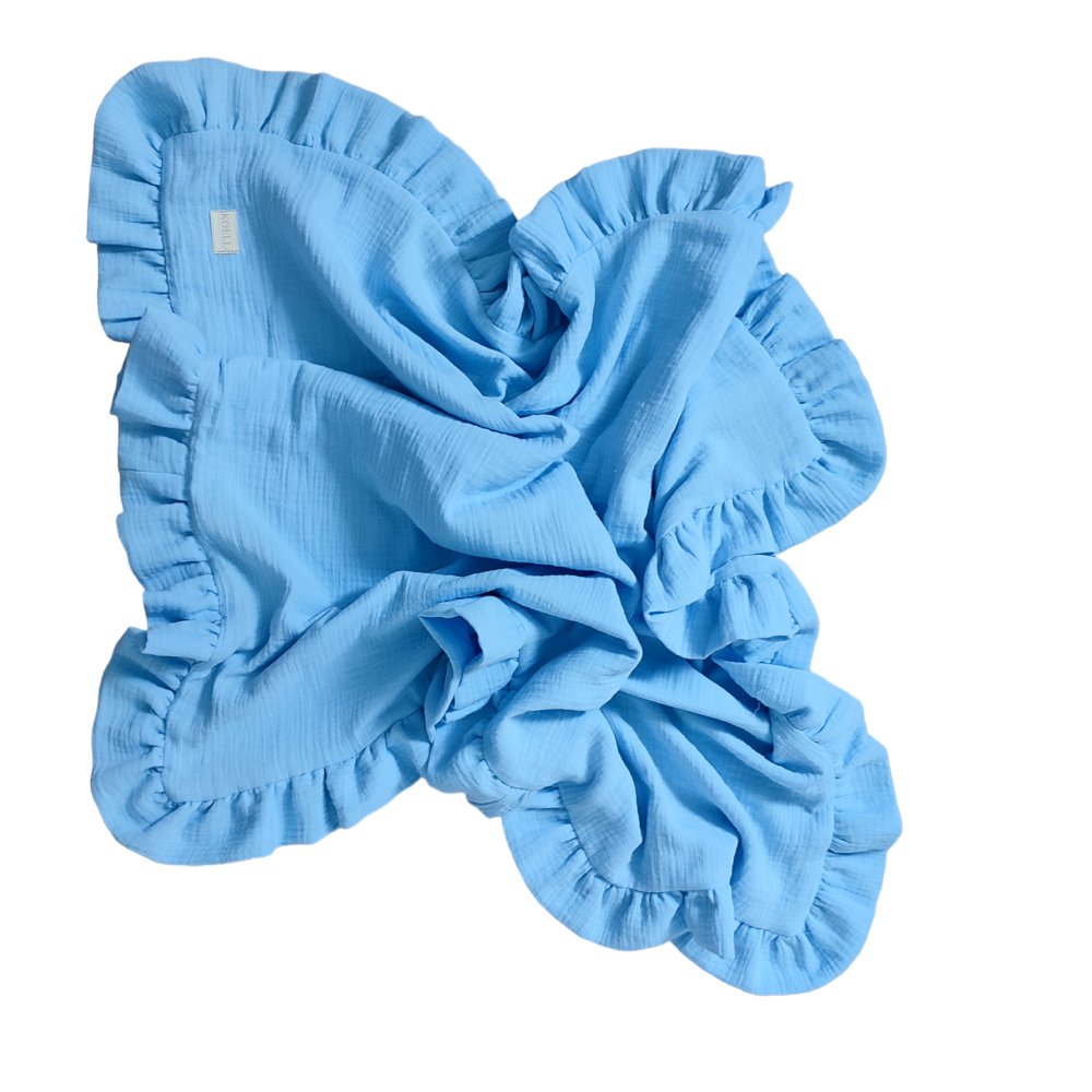 Koc muślinowy z falbanką czterowarstwowy 110x85cm „baby blue”