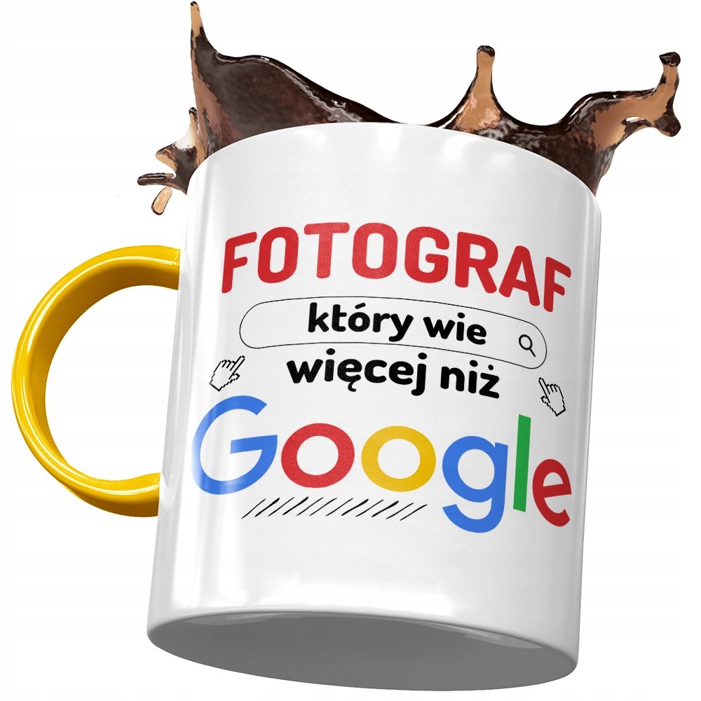Kubek Żółty Dla Fotografa Wie Więcej Niż Google z Nadrukiem ze Zdjęciem+ Opakowanie na prezent (wzór 01)