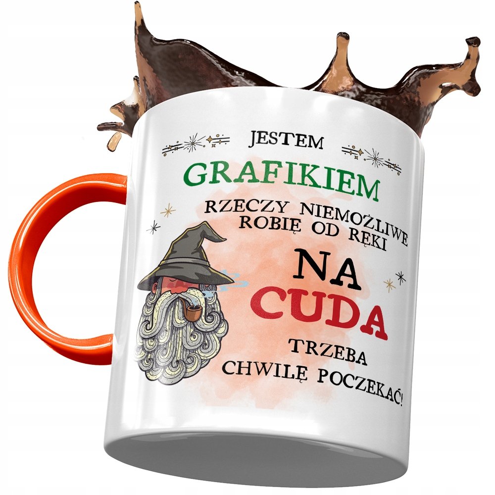 Kubek Pomarańczowy Dla Grafika Trzeba Poczekać z Nadrukiem ze Zdjęciem+ Opakowanie na prezent (wzór 01)