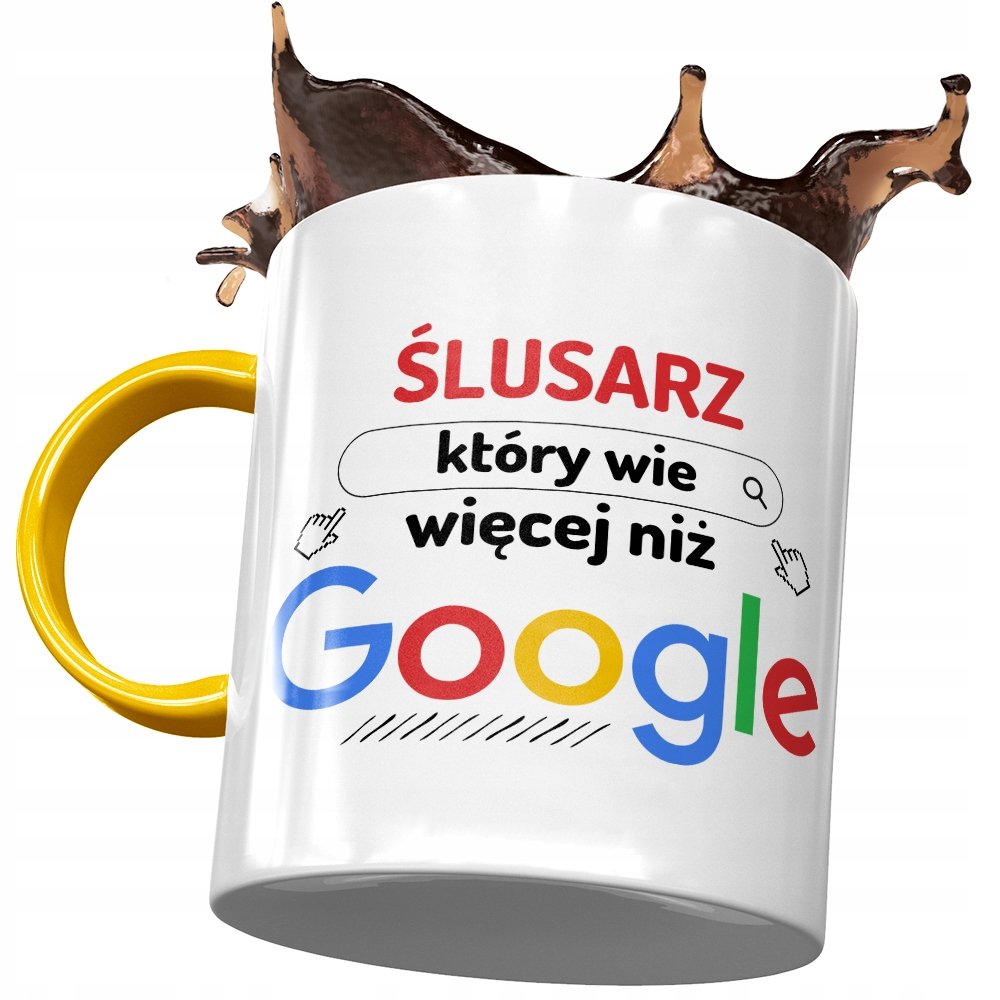 Kubek Żółty Dla Ślusarza Wie Więcej Niż Google z Nadrukiem ze Zdjęciem + Opakowanie na prezent (wzór 02)